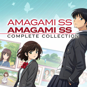 Official artwork for Amagami SS/Amagami SS Plus Complete Collection. Illustration featuring two main characters, alongside smaller images depicting key anime scenes. Includes episode numbers, special features, and production details.