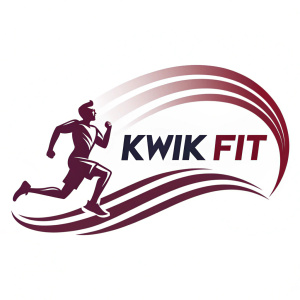 Vector graphic of Kwik Fit's new logo. The logo is abstract with dynamic motion lines and the brand name in modern font. Color scheme is maroon and white.