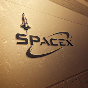 Close-up of the SpaceX logo. Black 'SPACE' text with a sleek rocket symbol. Warm beige background.