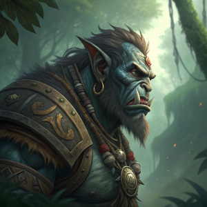 Digital art featuring a Zandalari Troll from World of Warcraft. The character has a rugged, detailed appearance. The scene is set against a greenish, misty backdrop.
