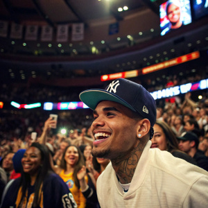 Chris Brown at a crowded sports arena, wearing a NY Yankees cap. Surrounded by cheering fans of diverse backgrounds.