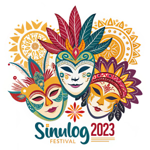 Stylized festival masks in vibrant colors and festive designs. Celebrating Sinulog 2023. Flat design, graphic and vibrant.
