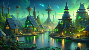 Picture futuristic Shrek's  swamp-city powered by renewable energy, solar panels, wind turbines innovative