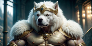 Ilustración detallada Perro de color blanco musculoso varonil con rasgos humanos, cuerpo peludo y con casco de guerrero decorado con oro,perlas,diamantes,3D,guerrero ,calidad 8k, 