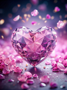 pink crystal heart , diamond facets, love decor, petals, stylish luxury packaging concept symbolizing magic, light atmosphere, professional shot, hyper realistic, 4K, background for a famous brand