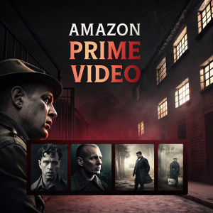 Homepage of Amazon Prime Video. Dark and moody design. A big title in bold font, grungy style. Below are smaller movie posters with a dark color scheme of deep reds and grayscale, reminiscent of film noir or gritty crime drama.