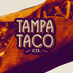 Close-up shot of 'Tampa Taco Co.' logo. Textured paper background, warm tone. Modern font with curved lines. Subdued text.