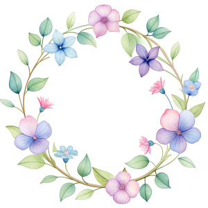 Garland of various flowers around "Thank you", white background