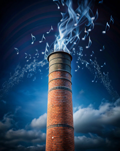 Imagine a vista aérea uma chaminé de tijolos  ,cilindrica , onde saiam notas musicais, fundo todo em azul metalico escuro, sem fumaça,
