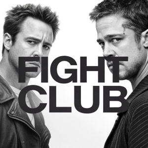 Promotional image for the film 'FIGHT CLUB'. Featuring Edward Norton and Brad Pitt in monochrome. Stark, minimalistic design with the title centered in bold, block letters.