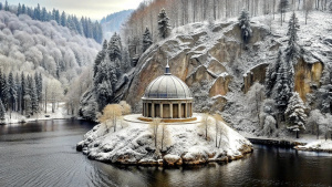 you see a big dome, which stands directly on the shore of a lake. behind the dome is a wintry forest. high rock faces rise above the forest