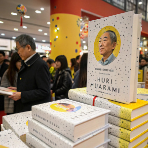 Haruki Murakami's books, their white covers speckled with yellow, black, and gray designs. At a bookstore event, surrounded by eager fans and vibrant decorations.