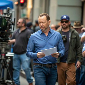 Donnie Wahlberg on a bustling film set. Wearing a blue shirt and jeans. Holding a script. Actors and crew in the background