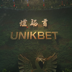 Eye-catching ad for Unikbet. Traditional Chinese character and majestic dragon-like creature set against vibrant, golden backdrop.