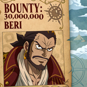 Wanted poster featuring a close-up of a fierce pirate character from One Piece. Text reads 'Bounty: 30,000,000 Beri'.