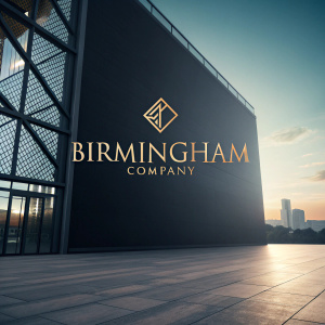 Modern logo design featuring the Birmingham Company name. Dark color palette, sleek text overlay with a motivational quote in Spanish. Smooth gradient background.