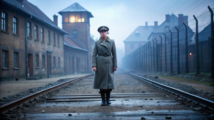 la soldado alemana dorothea theodora binz andando en medio de Auschwitz en una noche de niebla, full body shot