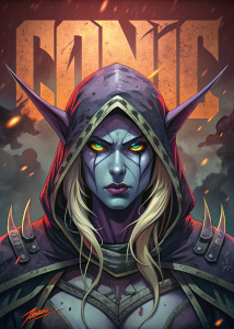 Sylvanas Windrunner, side bottom-up view, full-length, brutal, comics, poster, text, comic