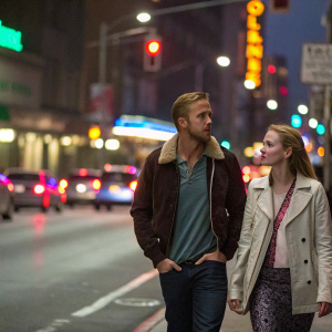 Ryan Gosling and an unidentified woman walking down a bustling city street. Bright neon lights and passing cars in the background.