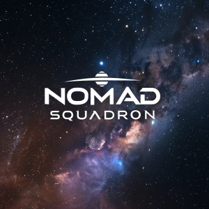 Nomad Squadron logo, featuring sleek, modern font. Futuristic design. Dark, cosmic background