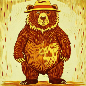 Oso pardo salvaje en dos patas con gorro de pescador pequeño que se le vean las orejas con cara de serio