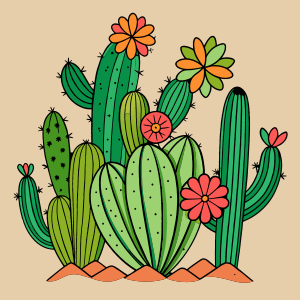 Flowering Cactus: Cacti combine with blooming flowers to create a combination of sturdy desert plants and delicate floral elements. The design should be in the shape of a semicircle. The background should be white, in vector design, with clean lines, suitable for the coloring book.