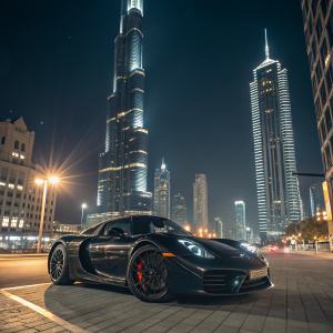 A high-definition image of a black Porsche 918 Spyder parked outside a brightly lit skyscraper in downtown at night.