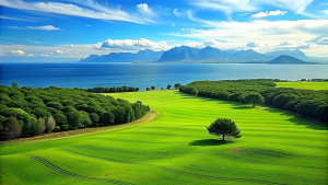 wide green land with mountains and trees and deep blue sea