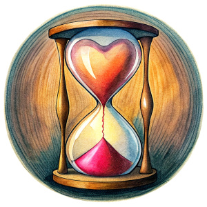 Hourglass, heart-shaped inside, sand flows into the heart