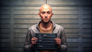 Full-length mugshot of a 
youth brunette bald man holding a sign with his name on it
