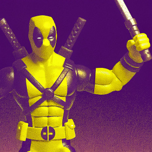 A digital 3D render of Deadpool, a Marvel character, in a bold, action-packed stance. Detailed muscle definition, intricate costume design, aggressive facial expression. Dark background.