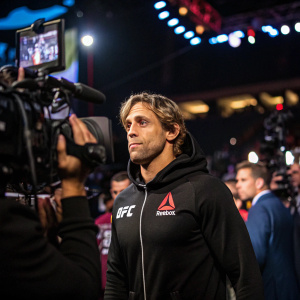 Urijah Faber at a press conference. Wearing a black hoodie with UFC logo. Surrounded by camera equipment and flashing lights