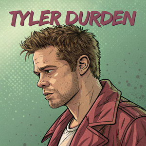 Digital illustration of Tyler Durden. Rugged look, determined face. Green background with punk-inspired text overlay. Comic book art style.