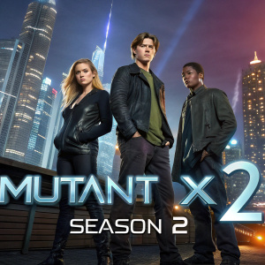 Mutant X cast, including Theresa, Adam, Ben, and Dylan, posing in a futuristic cityscape. Promotional DVD cover for Mutant X second season