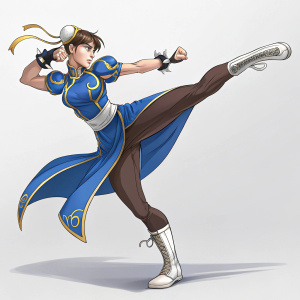 Concept art of Chun-Li from Street Fighter. Dynamic action poses, plain background