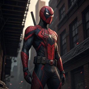 3D render of Deadpool from Marvel. In aggressive stance. Wearing black and red outfit with spiderweb design. Standing in front of dark urban alley backdrop.