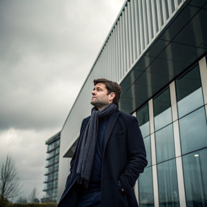 Mauricio Pochettino standing outside a modern office building. Dark jacket and scarf. Gray skies in the background.