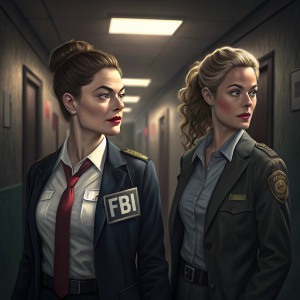 Alexa Davalos and Roxy Sternberg as FBI agents Kristin and Sheryll, standing in dimly lit corridor. Kristin with updo hairstyle, Sheryll with red lipstick. Both in professional attire.