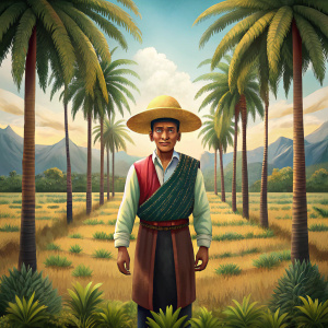 craer un campesino en el camo de piura, con sus paisajes palmeras de coco y algarrobos.