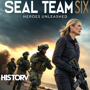 Poster for 'Seal Team Six: Heroes Unleashed.' Navy SEALs in tactical gear, woman in leading role, dramatic sky background, History Channel logo