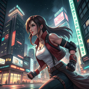 Tifa Lockhart, in action pose from Final Fantasy VII Remake, in a futuristic cityscape. Neon lights and skyscrapers in background. Tifa wears her iconic red jacket and white shirt.