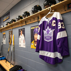 Patrice Bergeron's purple and white hockey jersey hanging in a locker room with sports equipment and motivational posters on the walls.