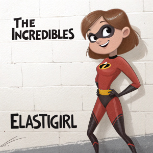 Helen Parr, aka Elastigirl, from The Incredibles, with a big smile, wearing a red outfit. The background features a white wall with bold black text reading 'THE INCREDIBLES' and 'ELASTIGIRL'.
