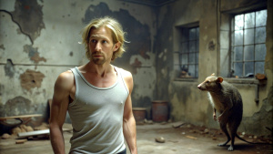 (full-length shot) a male artist in a dusty sleeveless T-shirt with tousled blond hair looks at the viewer, a giant rat looks at him, against the background of a room with a crack on the wall, a mess, realism