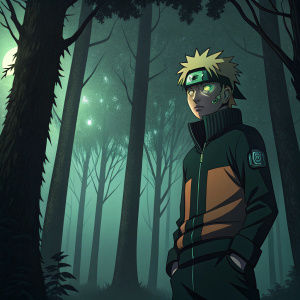 Digital illustration of Naruto. Dark forest background, green glowing eyes, standing defiantly.