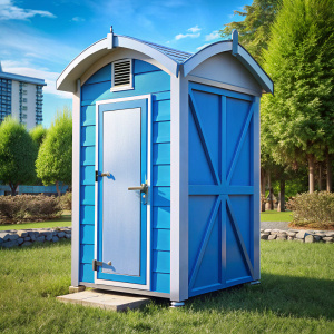 mobile toilet cubicle, blue color, white roof, made of plastic, stands on the backyard, sunny weather