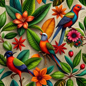 exotic orange craft paper with  purple red  birds and yellow exotic flowers 