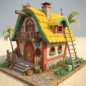 3D model of a cartoon house from Crash Bandicoot: On the Run. Vibrant colors, yellow thatched roof, wooden framework, ladder on side, playful design