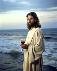 cinematic still, Jesus stands on the water, in a robe, a glass of red wine in his hand, against the backdrop of the ocean, 