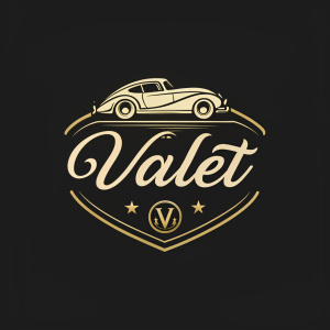 Black and gold logo design for valet parking services. Elegant script font 'Valet' with stylized car icon above